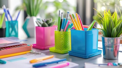 Fototapeta premium desk with colorful pen holders and paper trays, neatly organizing office supplies
