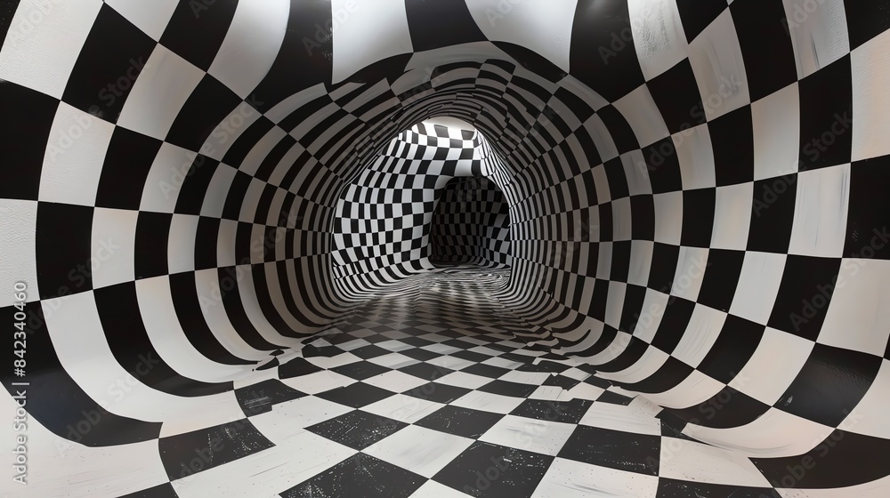 Poster black and white checkered tunnel. checkered pattern on the floor and walls. the tunnel is curved and