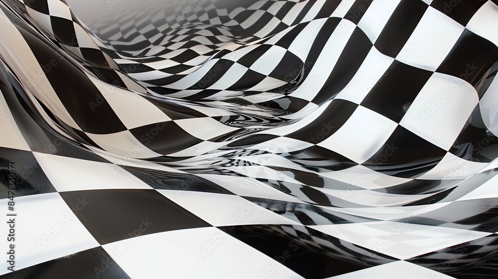 Poster black and white checkered flag. the flag is waving in the wind. the background is white. the flag is