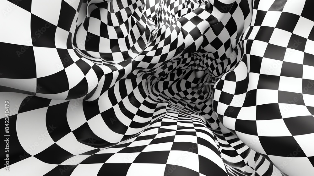 Poster black and white checkered pattern. checkered tunnel. abstract background. 3d rendering.