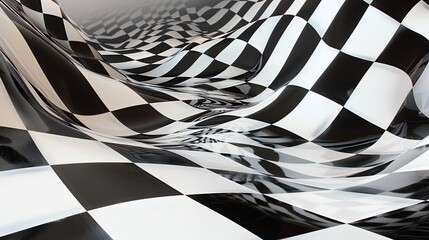 Black and white checkered flag. The flag is waving in the wind. The background is white. The flag is used in auto racing to signal the end of a race.