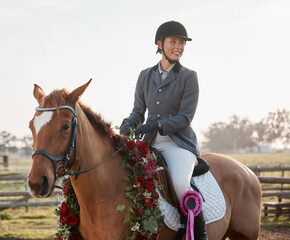 Horse, winner and equestrian with ribbon on ranch for performance, achievement and competition....