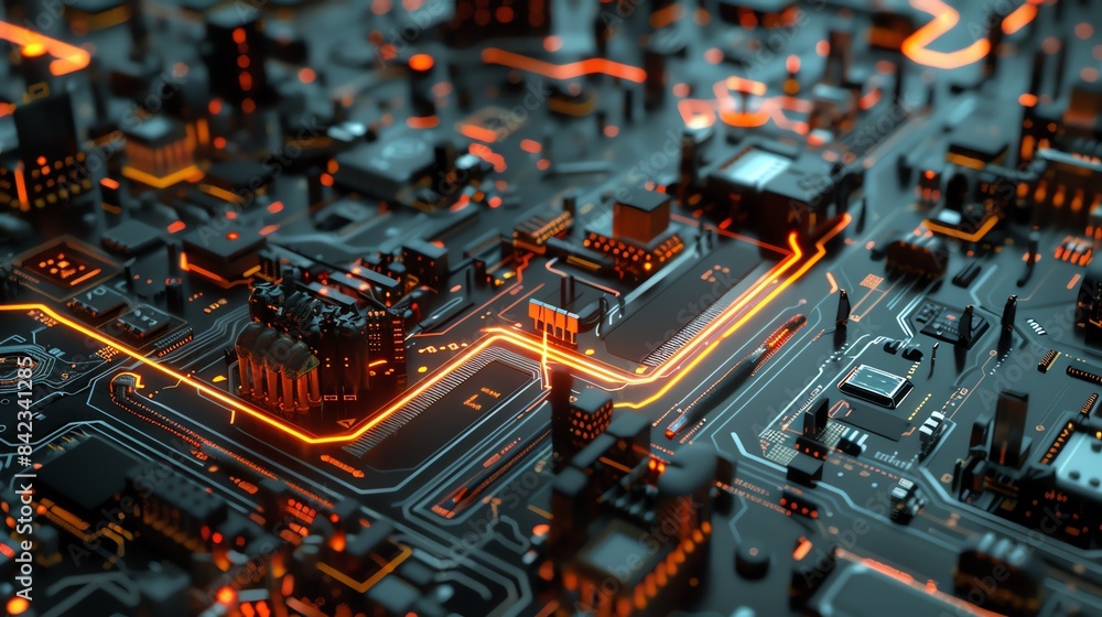 Poster 3d rendering of a futuristic circuit board with glowing orange lines.