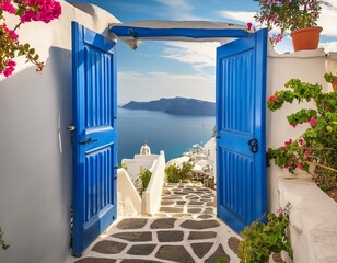 blue door of a greek house leading out to the sea