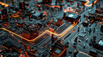 3D rendering of a futuristic circuit board with glowing orange lines.