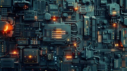 Fototapeta premium A close-up of a complex circuit board with orange glowing lights.