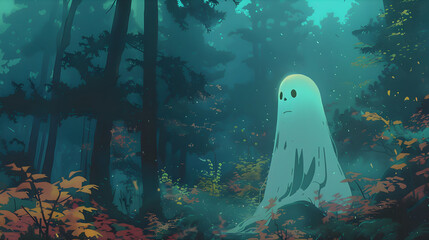 Whimsical Ghost in Enchanted Forest - Surreal Digital Art of a Cute Ghostly Figure in a Mystical Woodland Setting with Glowing Light and Magical Atmosphere