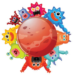 Cute monsters surrounding a red planet