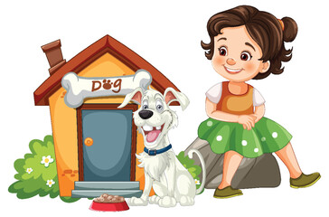 A girl sitting beside a happy dog