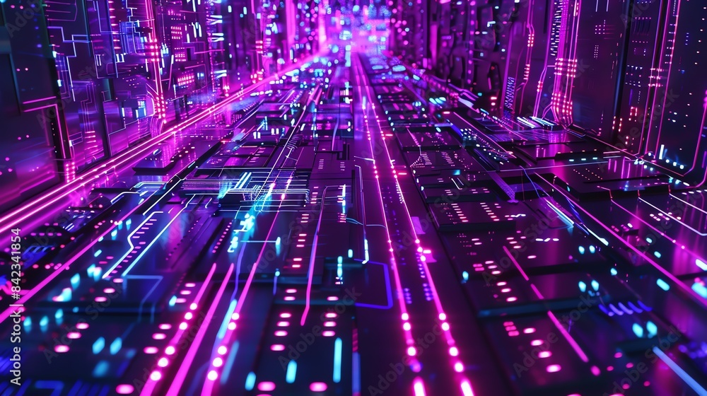 Poster 3d rendering of a futuristic technology background with glowing neon lights. abstract digital landsc