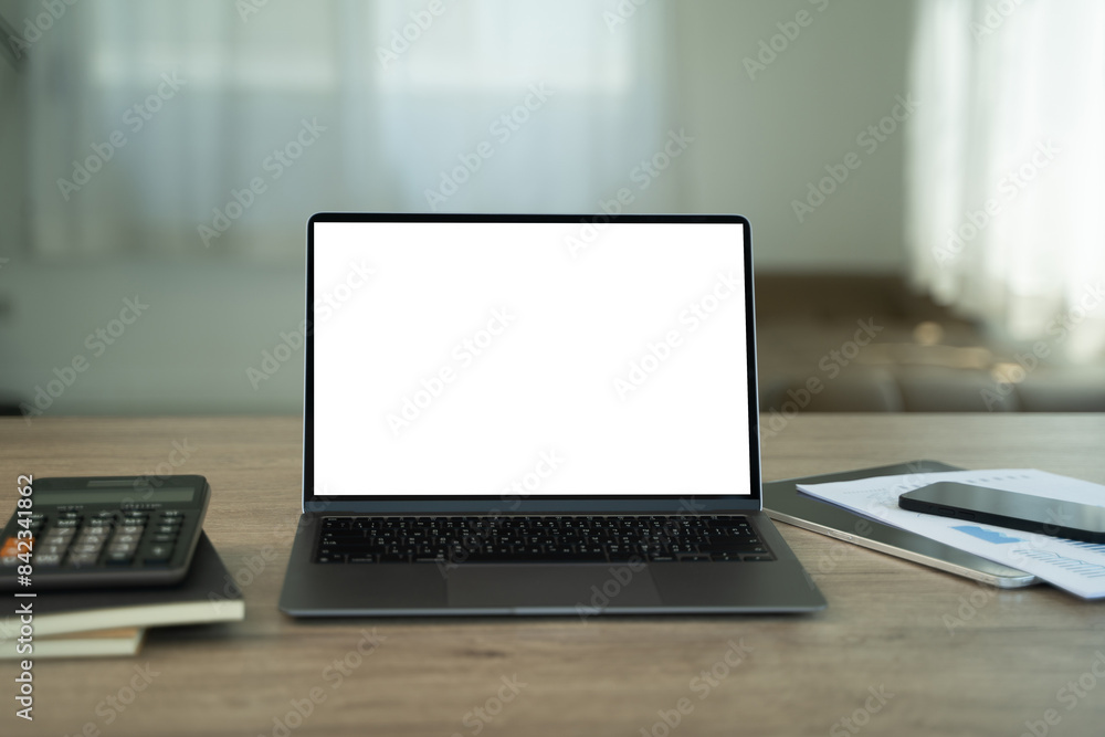 Poster laptop with blank screen on table. workspace background new project on laptop computer with blank co