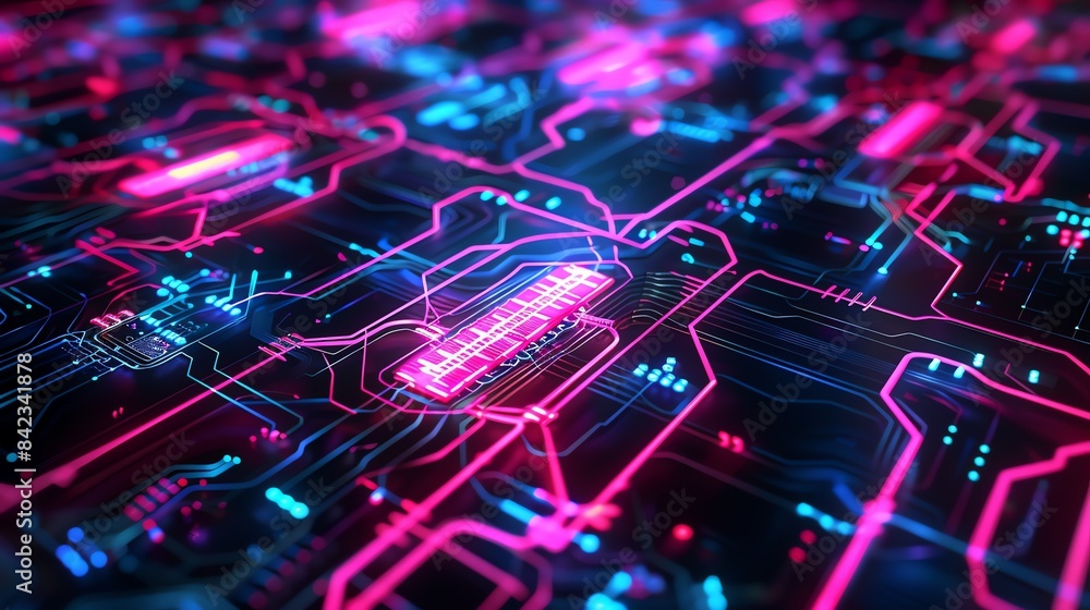 Poster A close-up of a computer circuit board with glowing pink and blue neon lights. The image is very detailed and shows the complexity of the circuitry.