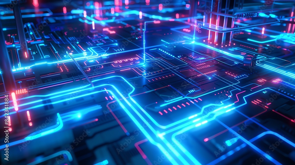 Poster 3d rendering of a futuristic circuit board with glowing blue and red neon lights.