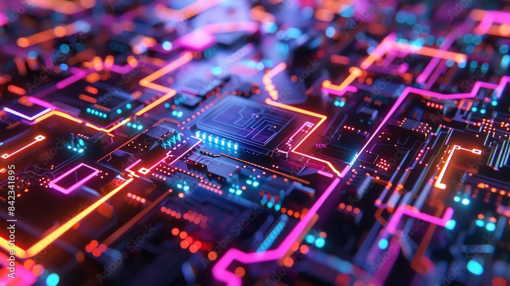 Aufkleber 3d rendering of a circuit board with glowing neon lights. the image is dark and mysterious, with the