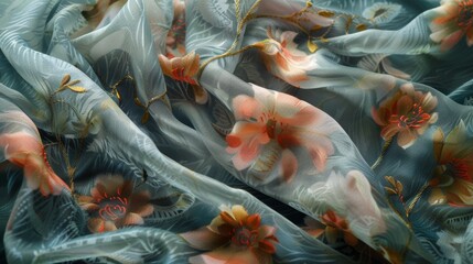 Fototapeta premium The image shows a close-up of a colorful floral fabric with blue and orange hues. The fabric is made of a soft and lightweight material and has a delicate floral pattern.