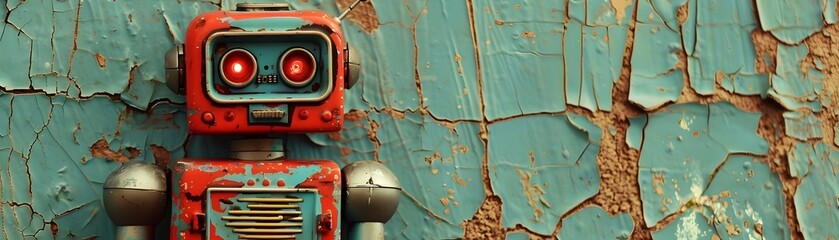 Fototapeta premium Vintage Neon Robot on Cracked Wall Background Showcases Futuristic Retro Vibes