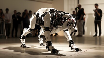 Obraz premium A robot dog with white and black colors is walking on all fours in a large room. It has a sleek design and looks very realistic.