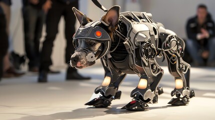 A robot dog with a metal exterior and red glowing eyes stands on a white surface.