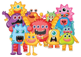 Naklejka premium A group of cheerful, colorful cartoon monsters