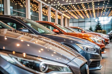 Obraz premium A modern car dealership office. The business concept of car sales and rentals. The new car is parked in a modern car dealership. The concept of car leasing and insurance. An electric car.