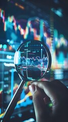  Magnifying glass and documents with analytics data lying on table, selective focus