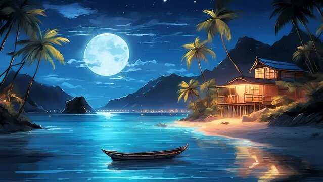 Tranquil Nighttime Seascape: A Serene Moonlit Beach with a Traditional Wooden Hut and Canoe under a Starry Sky