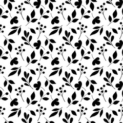 Seamless pattern with black flowers and leaf, floral background, repeat texture hand drawing. Perfectly for wrapping paper, wallpaper, fabric, texture and other printing.