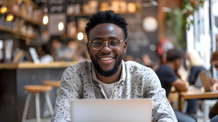 Obraz premium Man working on laptop in a cafe, freelance model with computer, casual and modern atmosphere, representing technology and business.