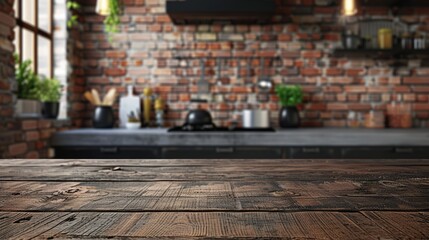 Weathered wooden table on a blurred background of a rustic kitchen