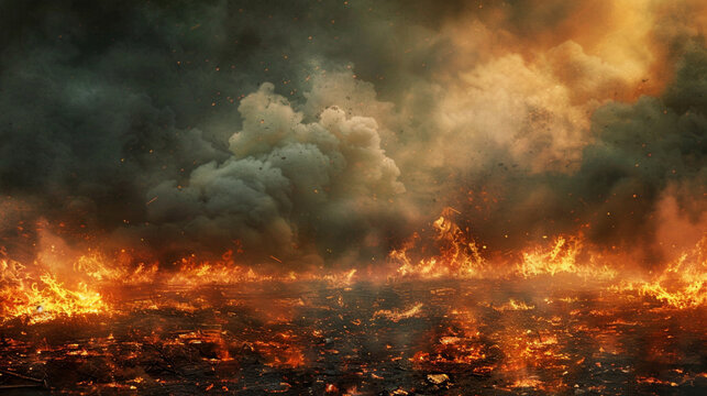 a war-torn landscape background. depict a desolate battlefield with extensive fire billowing smoke. The ground is charred and littered with debris. sky is dark and filled with dense smoke clouds