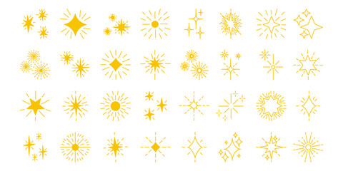 Set yellow, gold, orange star sparkles symbols.