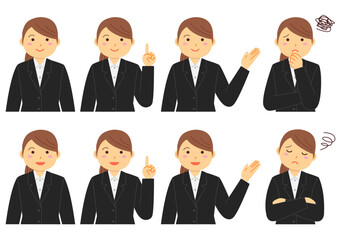 スーツを着た女性の色々なポーズのイラストのセット

