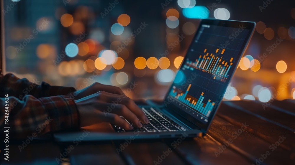 Poster in a bokeh city light background, a person is using a laptop to analyze complex data graphs