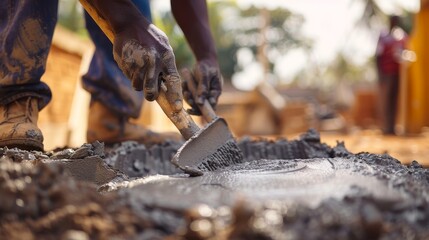 Naklejka premium A man uses a tool to mix cement on a construction site.