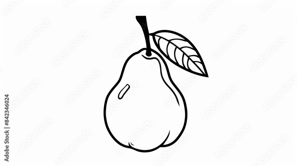 Canvas Prints A simple and charming cartoon drawing of a pear with black and white outlines featuring a leaf This raster illustration is set against a white background