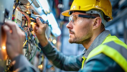 An electrician wearing safety glasses and a hard hat inspects electrical wiring in an industrial setting.