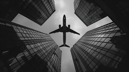 plane flies over the building