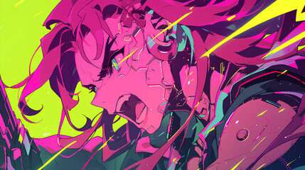 Cyberpunk style angry fighting anime characters with psychedelic neon background