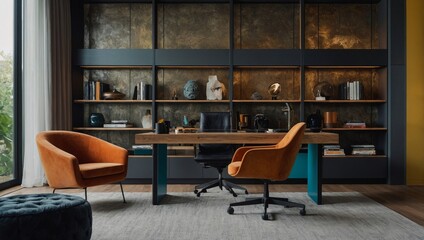 contemporary homeoffice featuring a mix of textures and materials, with bold colors and innovative furniture