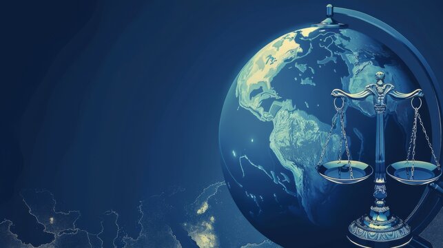 Horizontal banner. International Justice Day. Themis scales in balance against the background of the globe. Human rights. Free space for text, copy space