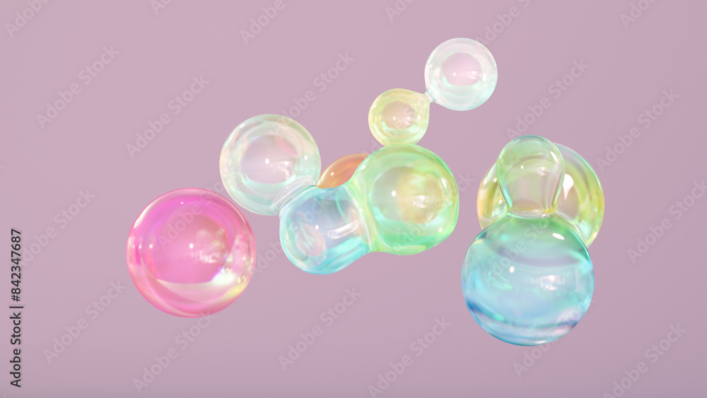 Poster abstract liquid circles on a background of pastel color with spacing. 3d design of a rainbow-colored
