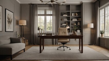 Harmonious and balanced homeoffice design ideas, transitional style room mockup with neutral color palette, blend of traditional and modern elements, cozy and inviting interior