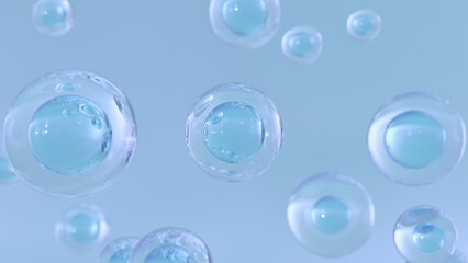 3D rendering Cosmetics Serum bubbles on defocus background. Collagen bubbles Design. Moisturizing Cream and Serum Concept. Vitamin for personal care and beauty concept.