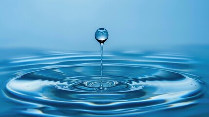 single drop of pure water falling into a clear blue pool, capturing the ripple effect, representing clean water accessibility