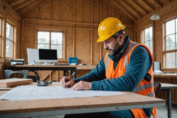 Construction worker sitting at desk looking at blueprint in portable cabin