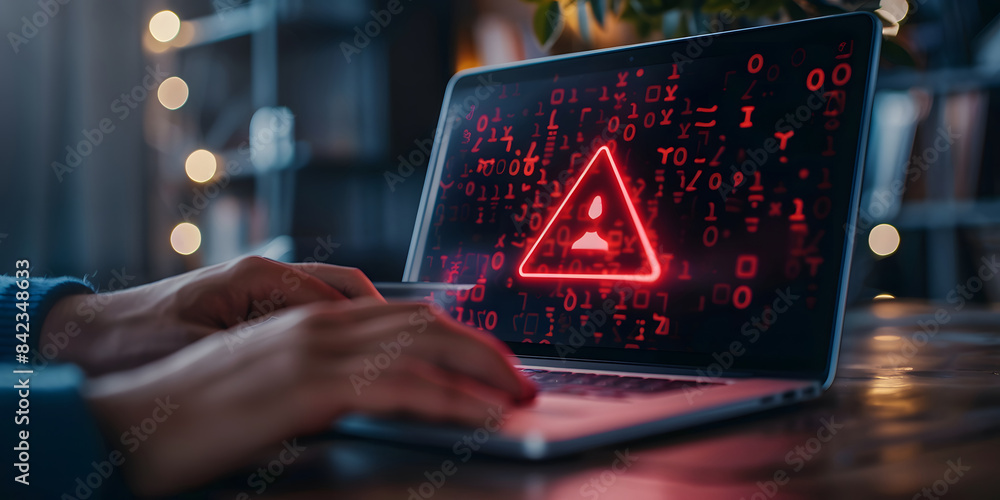 Poster system hacked warning alert. person use laptops with virtual warning sign for cyber attack. ransomwa