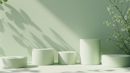 Five Minimalist Green Toned Round Podiums for Product Presentation on Empty Background. Ideal for E-commerce and Advertising Displays, Showcasing Minimalist Style and Elegance