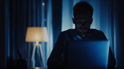 The image captures an individual using a laptop in a dimly lit room, evoking themes of hard work and late hours