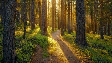 Fototapeta premium A lush forest trail winds through ancient trees, with sunlight symbolizing a pension's journey to a bright future.