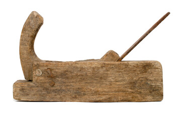 An old wooden planer on a white background. Side view. The plane is isolated.
